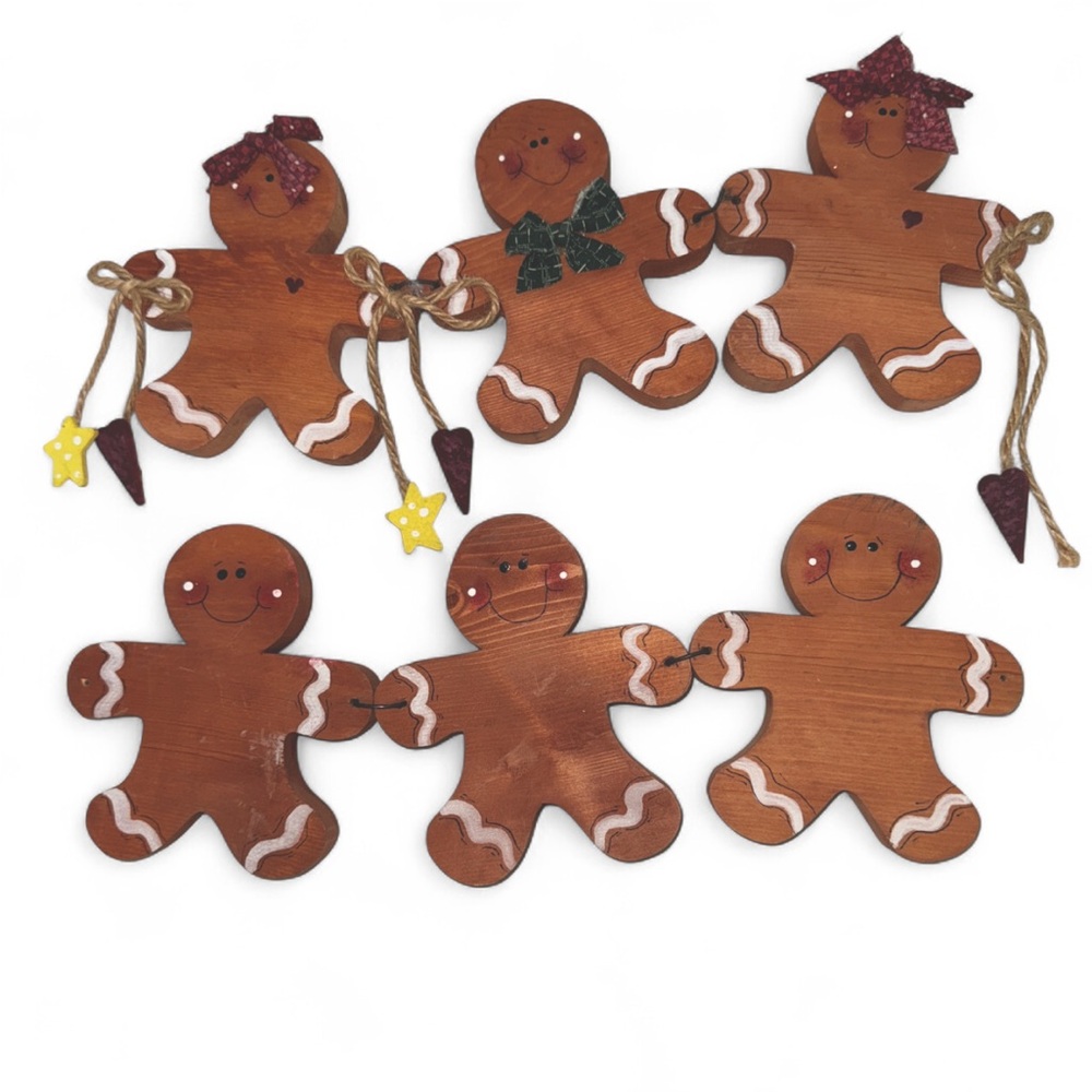 Vintage Christmas Wood Gingerbread Ornament Garland Cottage Farmhouse Handmade